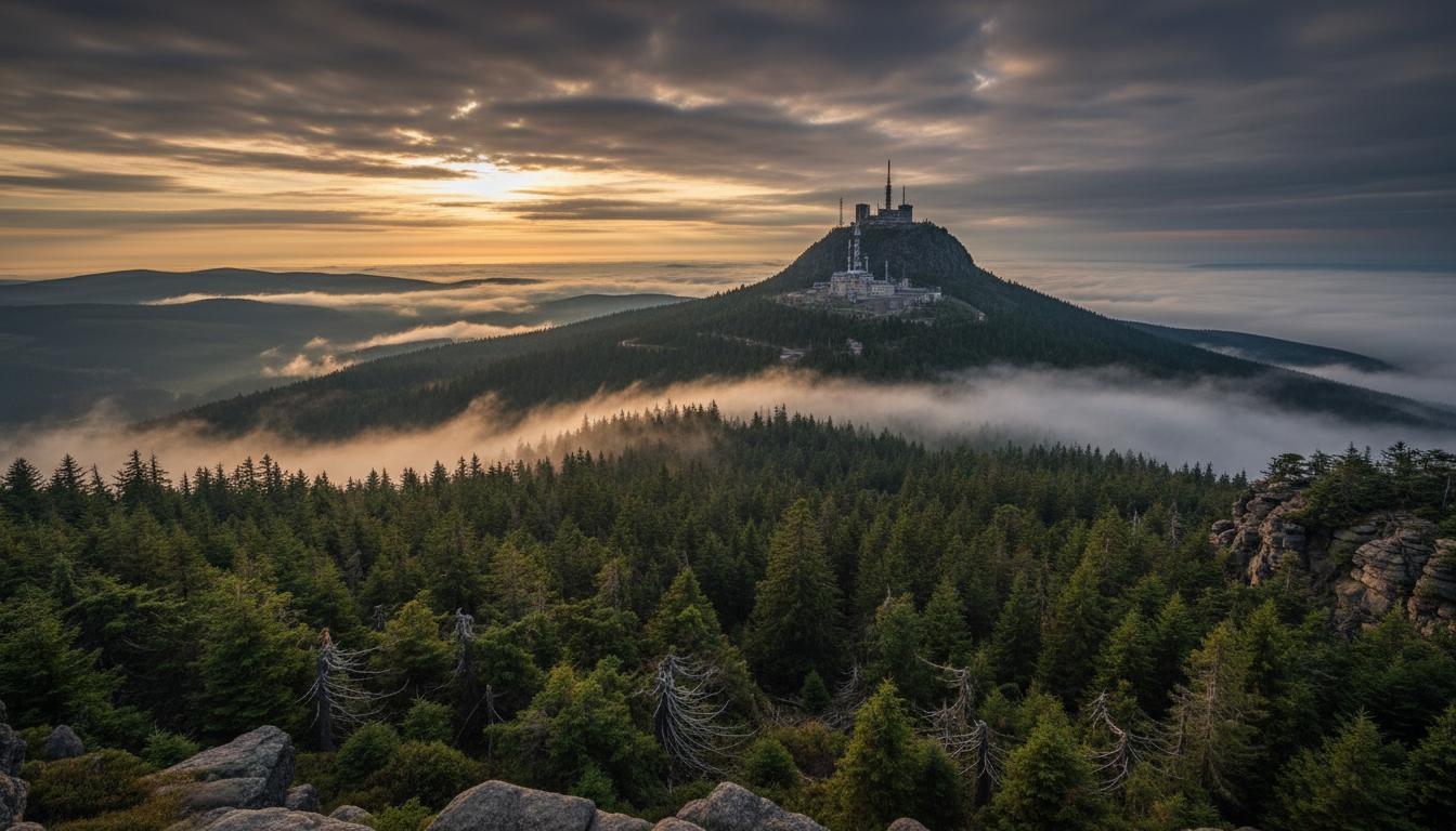 Weite Harzlandschaft mit bewaldeten Bergrücken und blauem Himmel